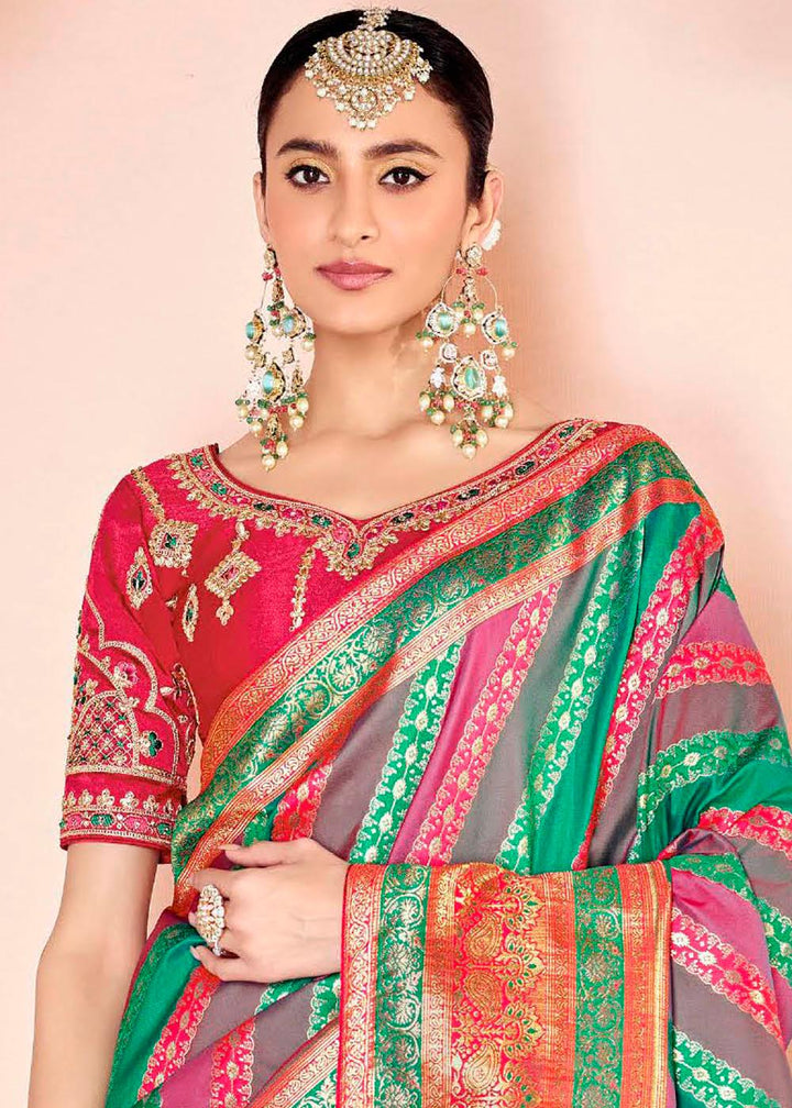 Multicoloured Woven Banarasi Silk Saree with Embroidered Blouse | Stitched Blouse - qivii