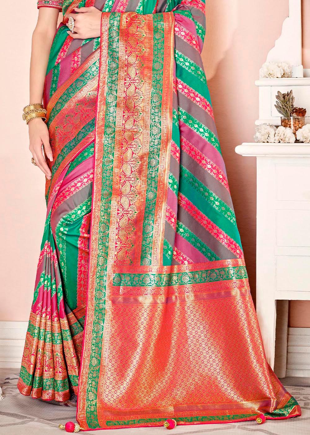 Multicoloured Woven Banarasi Silk Saree with Embroidered Blouse | Stitched Blouse - qivii