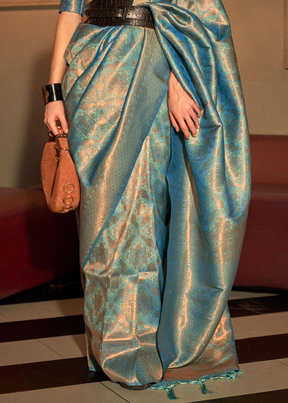 Munsell Blue Two Tone Handloom Weaving Kanjivaram Silk Saree : Top Pick | Stitched Blouse - qivii