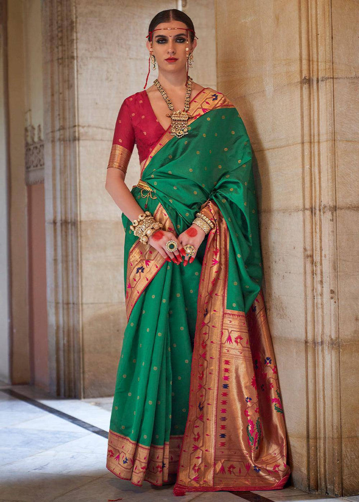 Munsell Green Paithani Silk Saree | Stitched Blouse - qivii