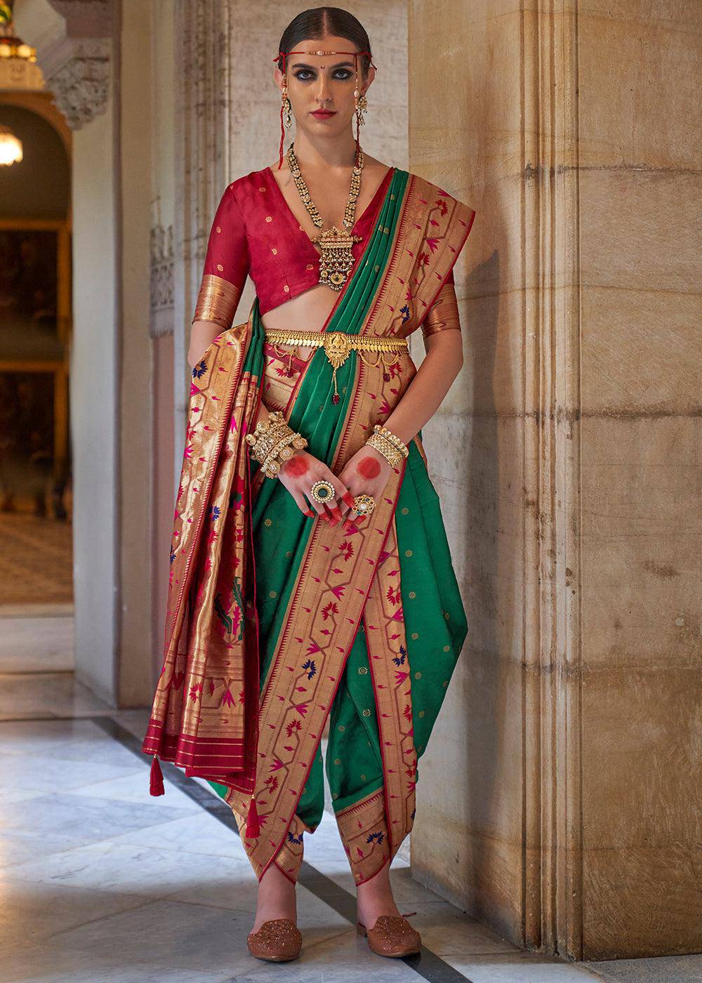 Munsell Green Paithani Silk Saree | Stitched Blouse - qivii