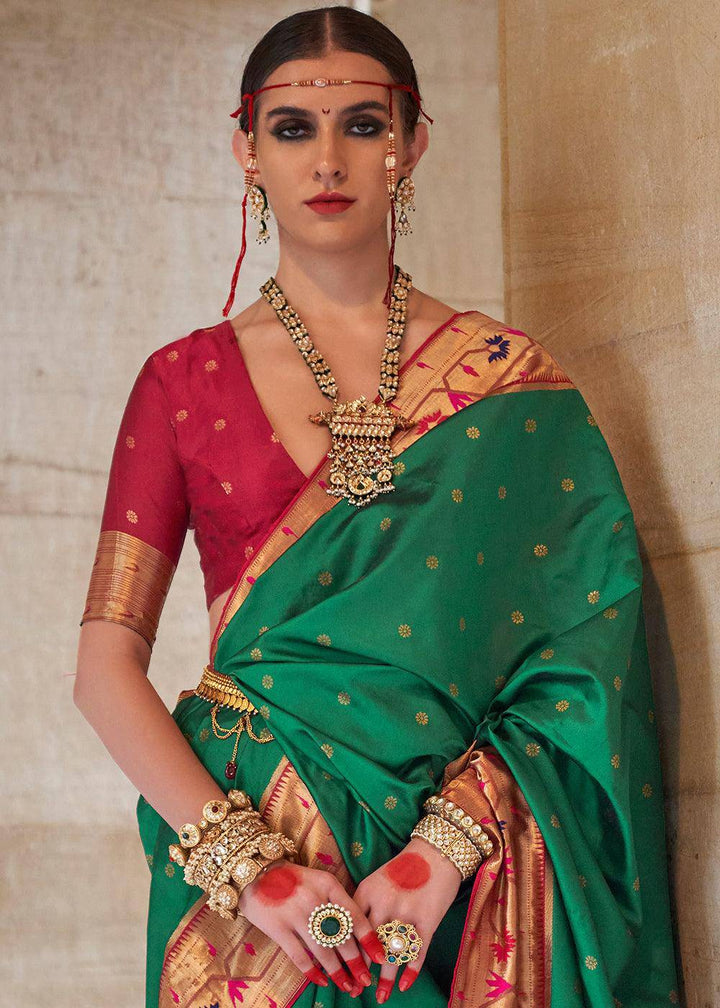 Munsell Green Paithani Silk Saree | Stitched Blouse - qivii