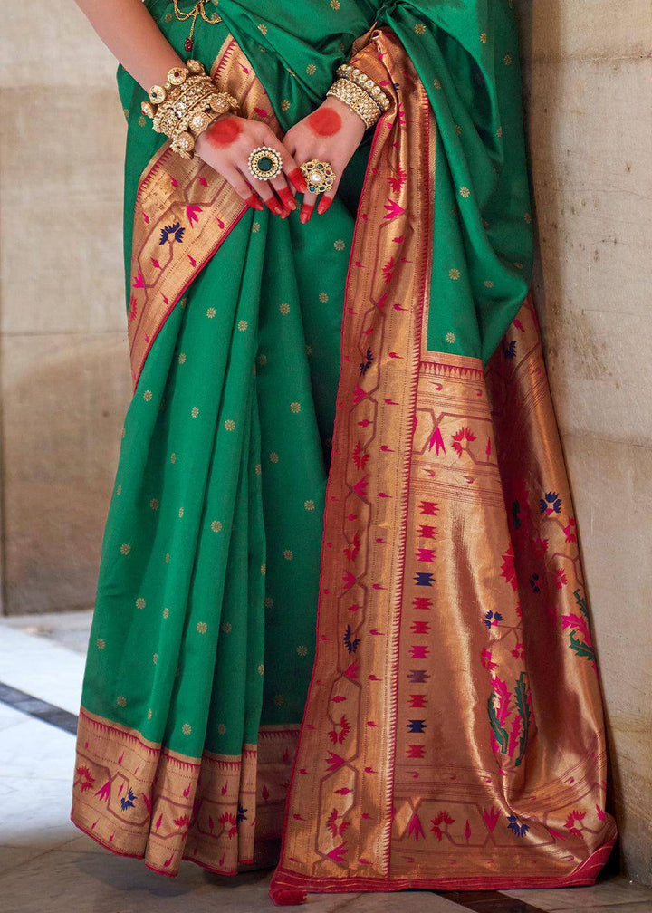 Munsell Green Paithani Silk Saree | Stitched Blouse - qivii