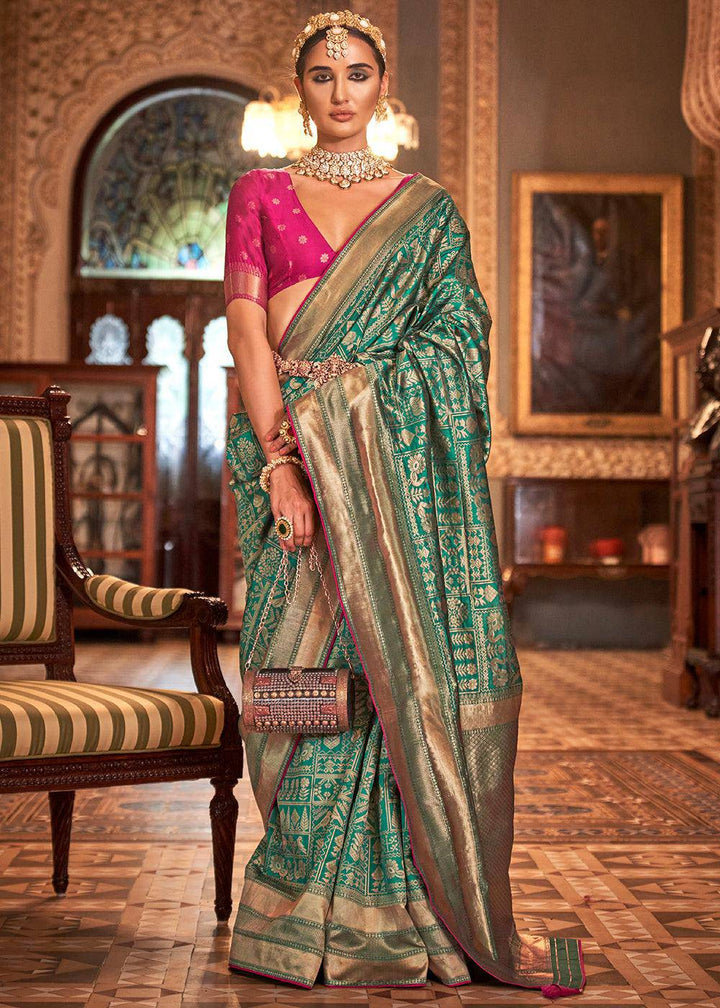 Munsell Green Zari Woven Banarasi Silk Saree | Stitched Blouse - qivii