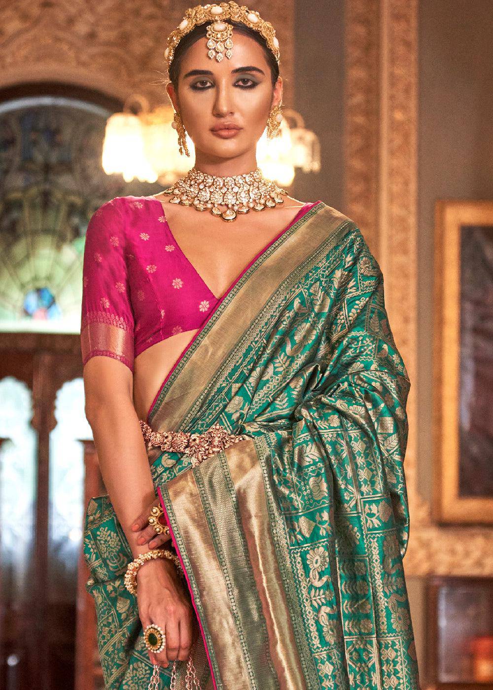 Munsell Green Zari Woven Banarasi Silk Saree | Stitched Blouse - qivii