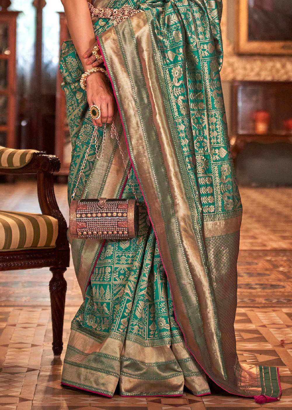 Munsell Green Zari Woven Banarasi Silk Saree | Stitched Blouse - qivii