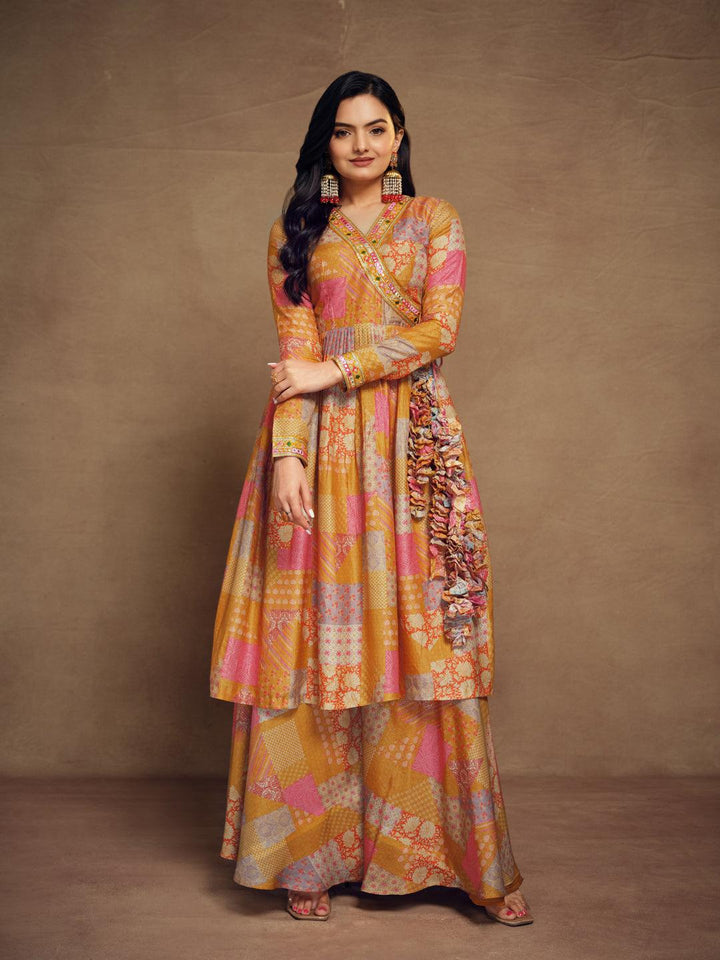 Elegant ready-to-wear mustard palazzo suit with matching dupatta by Qivii