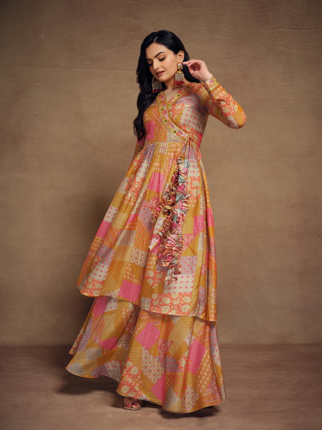 Mustard muslin palazzo suit with delicate gold embroidery by Qivii