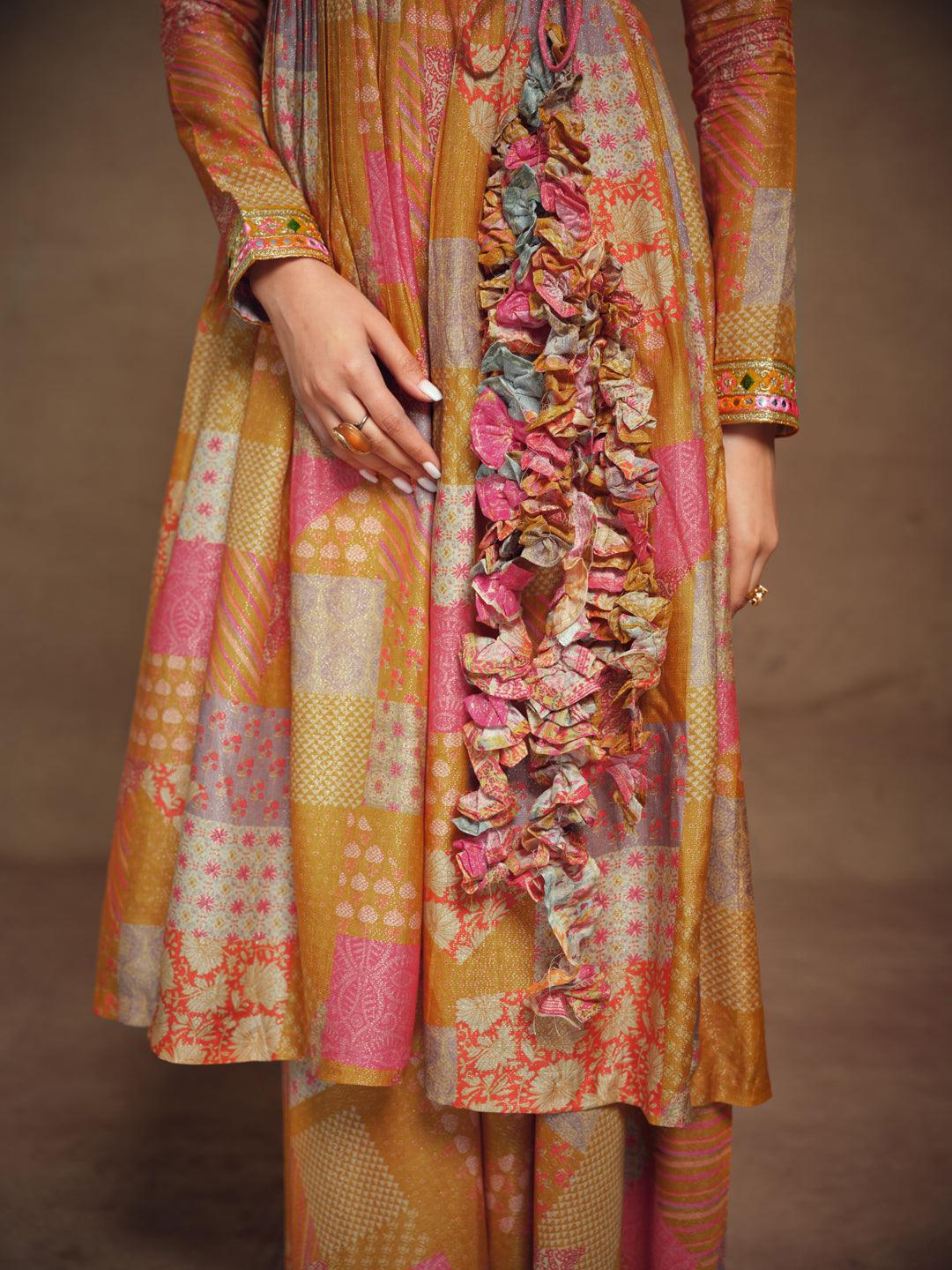 Trendy mustard muslin palazzo suit with beautiful embroidery by Qivii