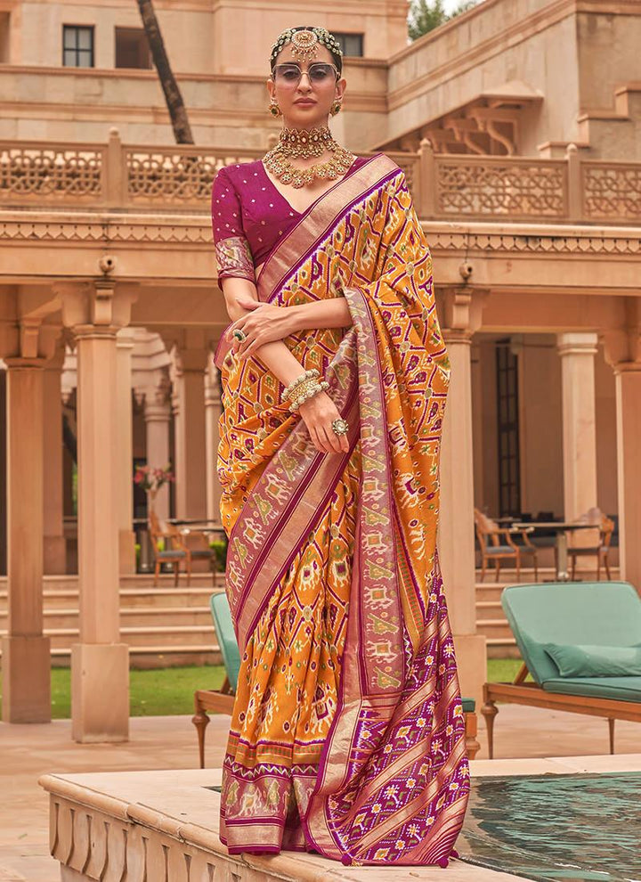 Mustard Smooth Silk Foil Print With Patola Saree  - By Kreeva