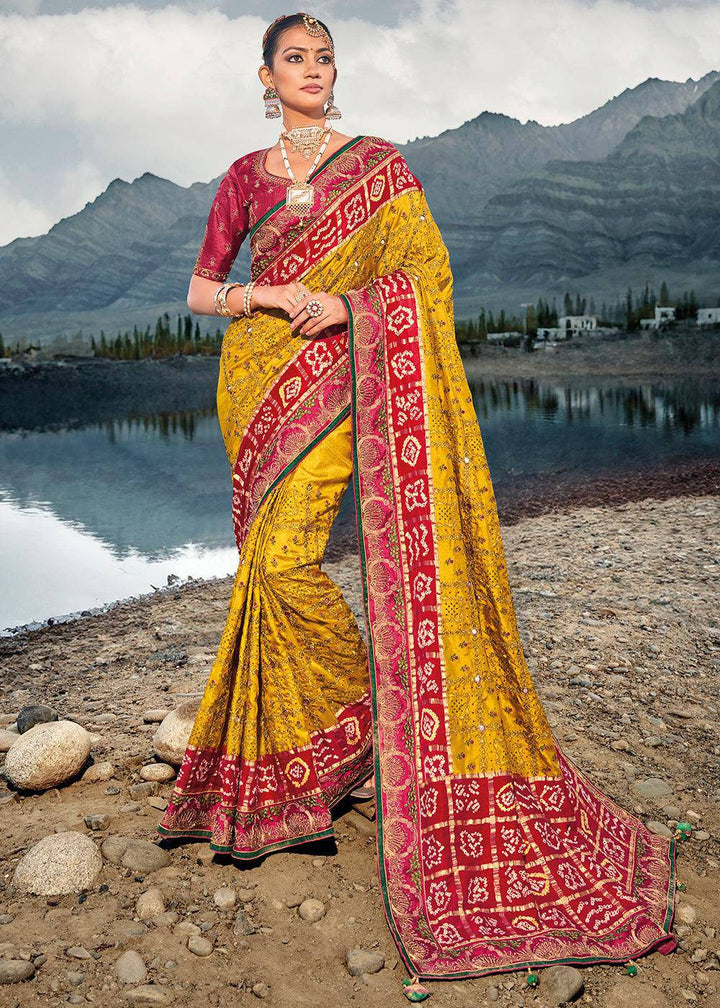 Mustard Yellow Bandhej Satin Silk Saree with Mirror,Moti & Cut-Dana Work | Stitched Blouse - qivii