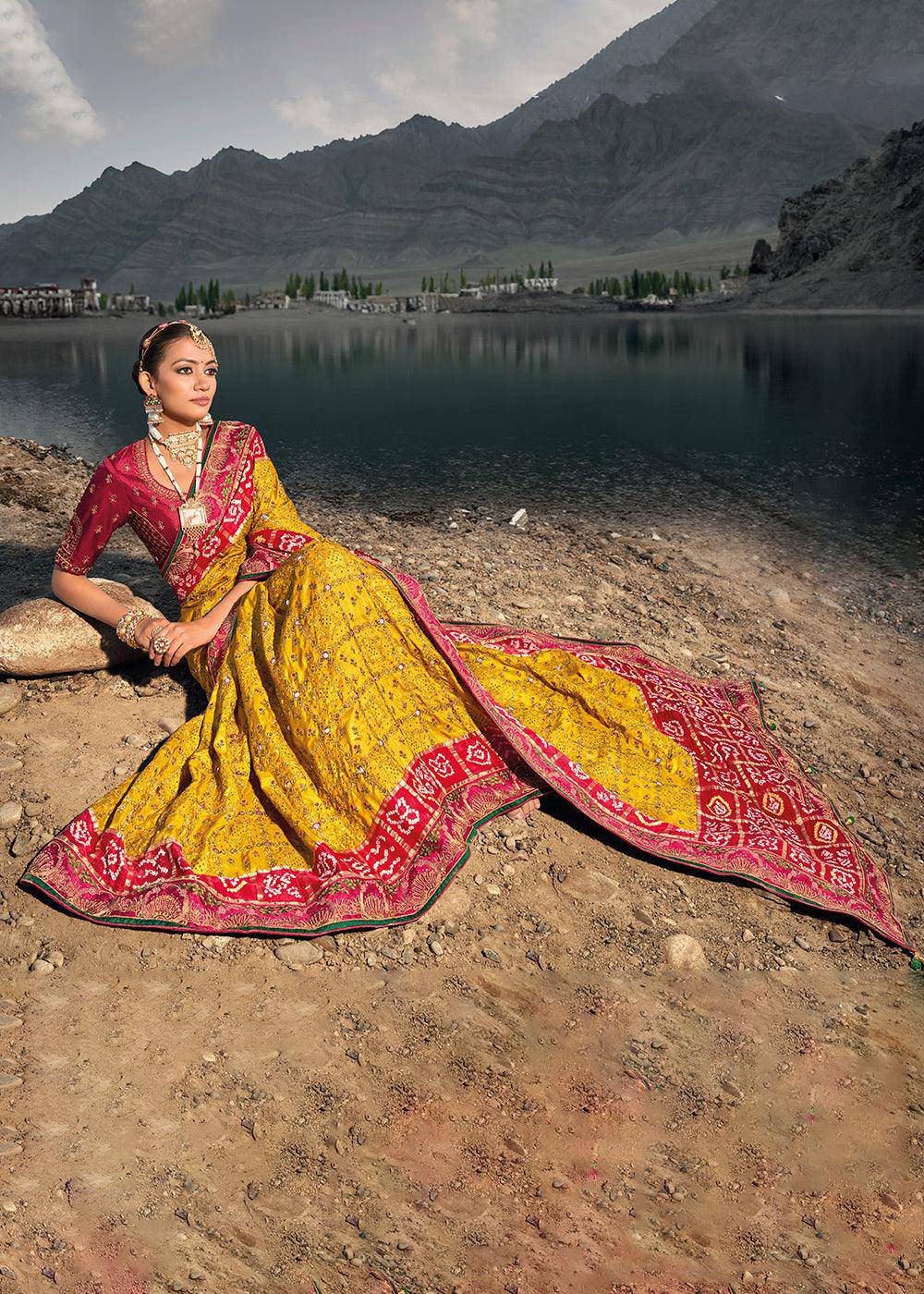 Mustard Yellow Bandhej Satin Silk Saree with Mirror,Moti & Cut-Dana Work | Stitched Blouse - qivii