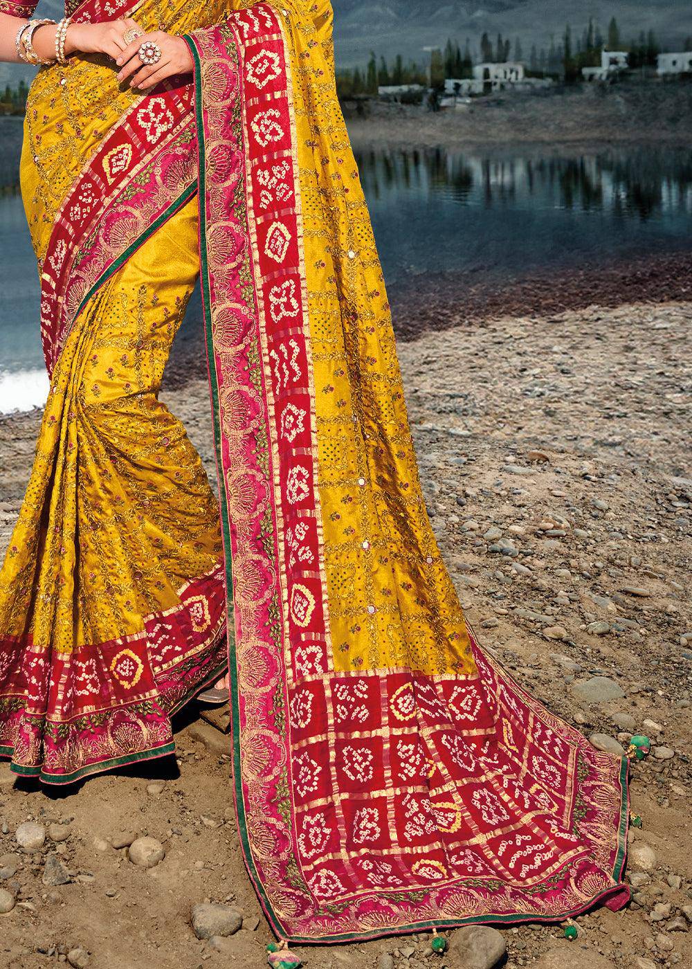 Mustard Yellow Bandhej Satin Silk Saree with Mirror,Moti & Cut-Dana Work | Stitched Blouse - qivii