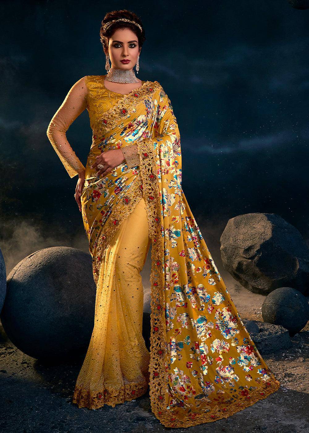 Mustard Yellow Designer Net Saree with Thread,Crystal,Mirror,Zarkan work & Imported Fabric Digital Print Pallu | Stitched Blouse - qivii