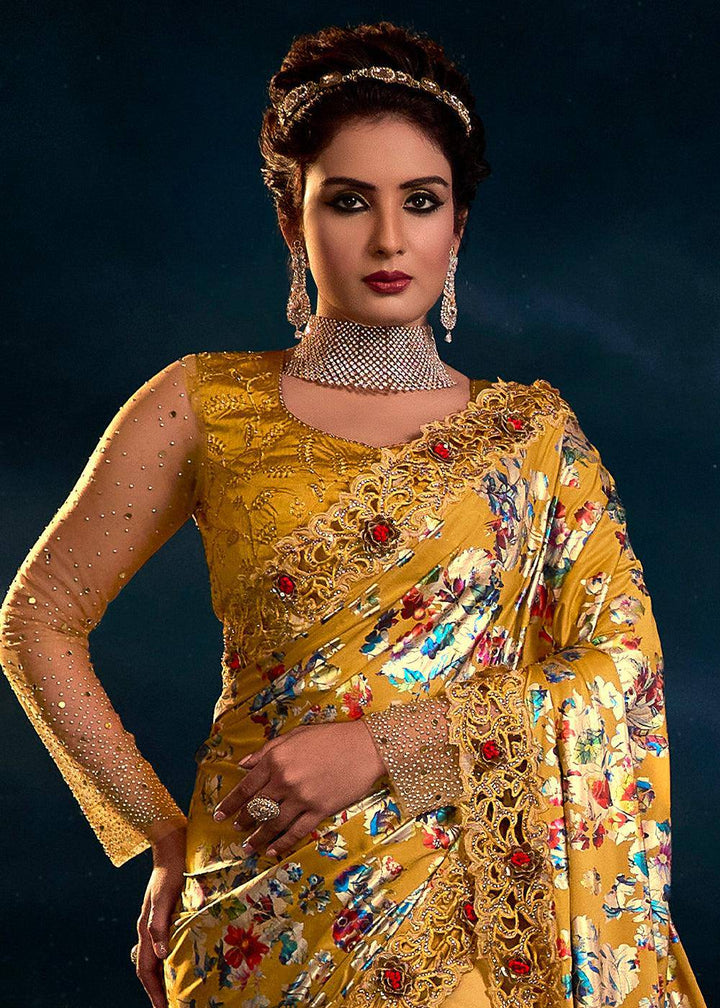 Mustard Yellow Designer Net Saree with Thread,Crystal,Mirror,Zarkan work & Imported Fabric Digital Print Pallu | Stitched Blouse - qivii