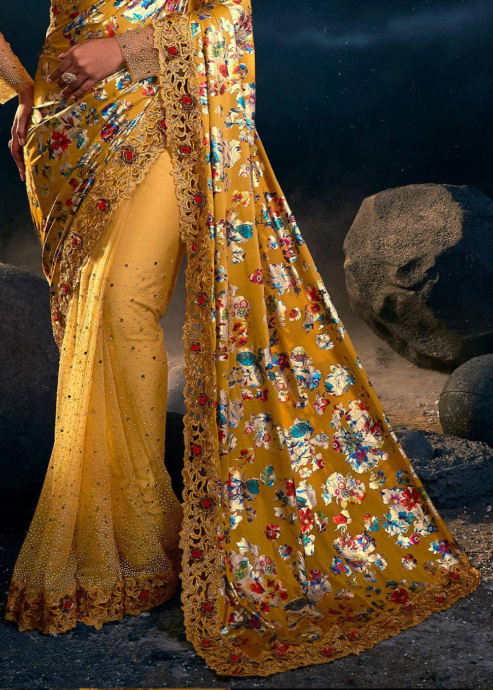 Mustard Yellow Designer Net Saree with Thread,Crystal,Mirror,Zarkan work & Imported Fabric Digital Print Pallu | Stitched Blouse - qivii