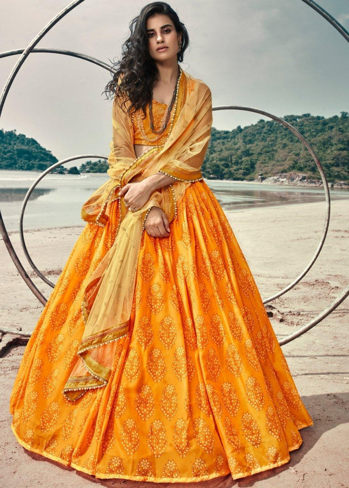 Mustard Yellow Designer Printed Organza Lehenga with Soft Net Dupatta - qivii