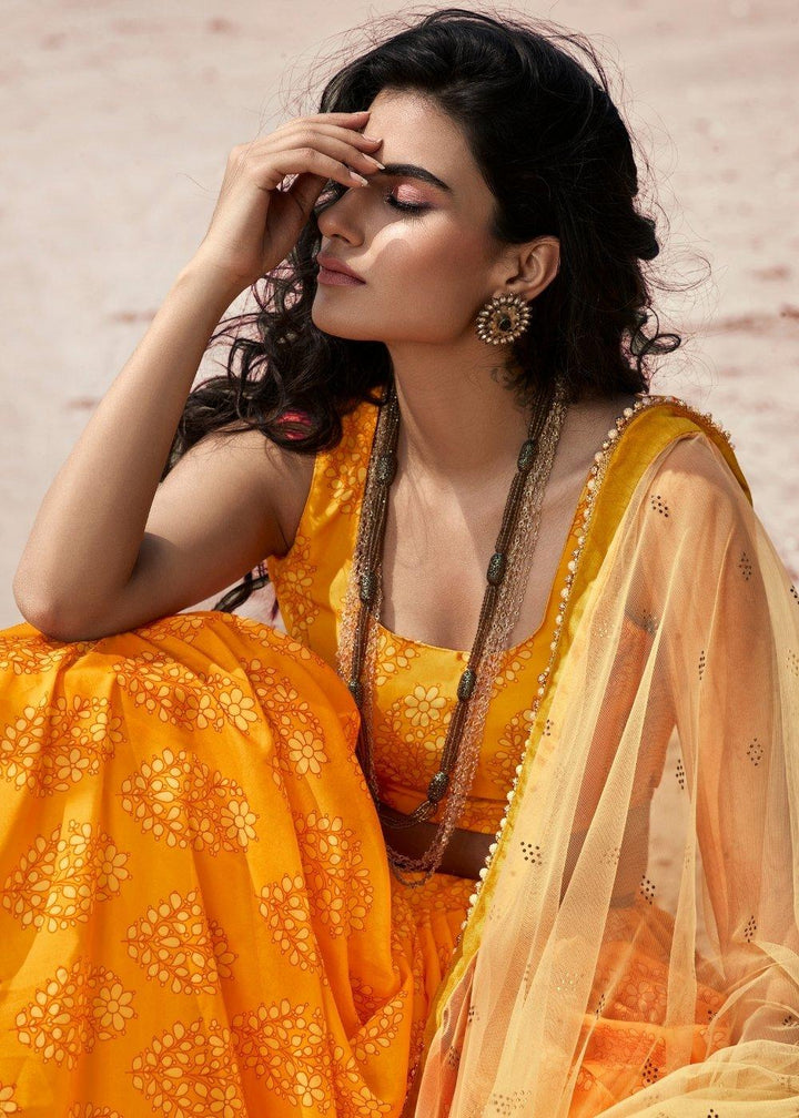 Mustard Yellow Designer Printed Organza Lehenga with Soft Net Dupatta - qivii