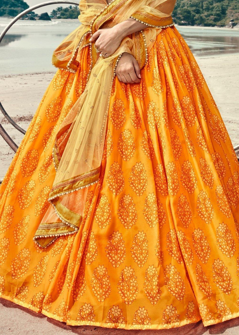 Mustard Yellow Designer Printed Organza Lehenga with Soft Net Dupatta - qivii