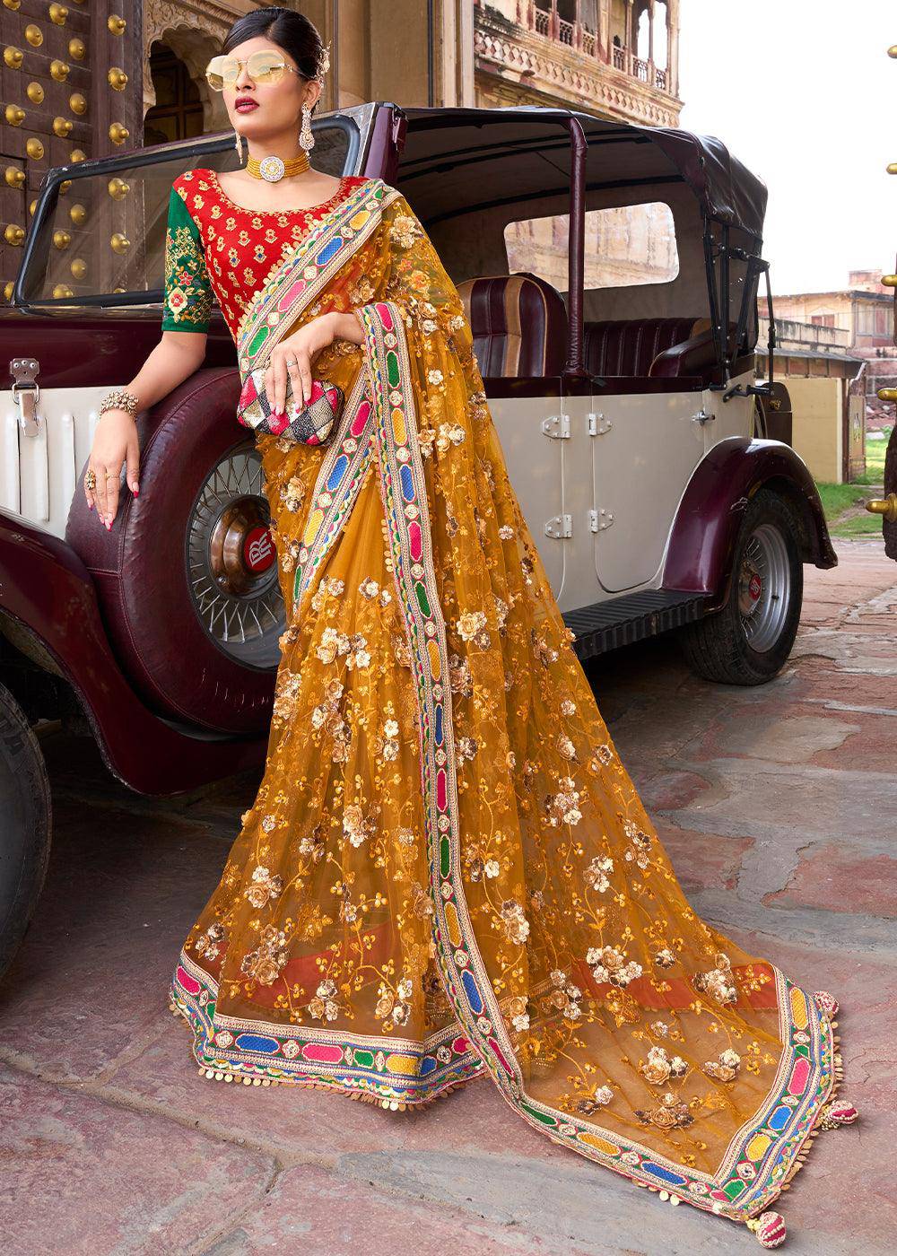 Mustard Yellow Digital Net Saree with Sequins,Thread,Mirror & Flower Applic work | Stitched Blouse - qivii