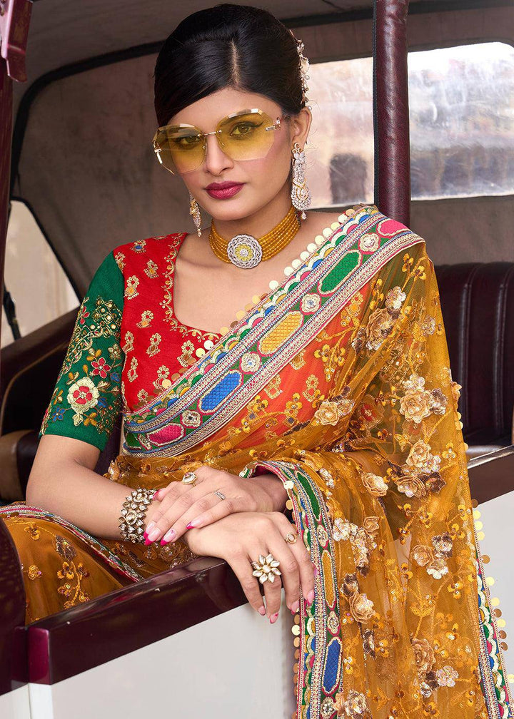 Mustard Yellow Digital Net Saree with Sequins,Thread,Mirror & Flower Applic work | Stitched Blouse - qivii