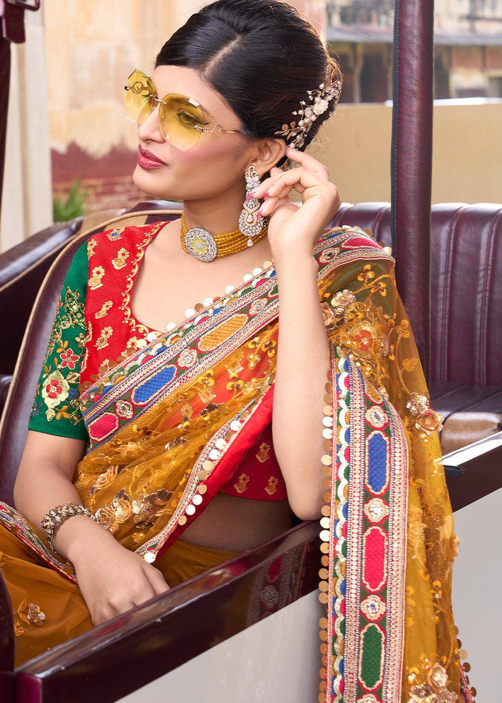 Mustard Yellow Digital Net Saree with Sequins,Thread,Mirror & Flower Applic work | Stitched Blouse - qivii