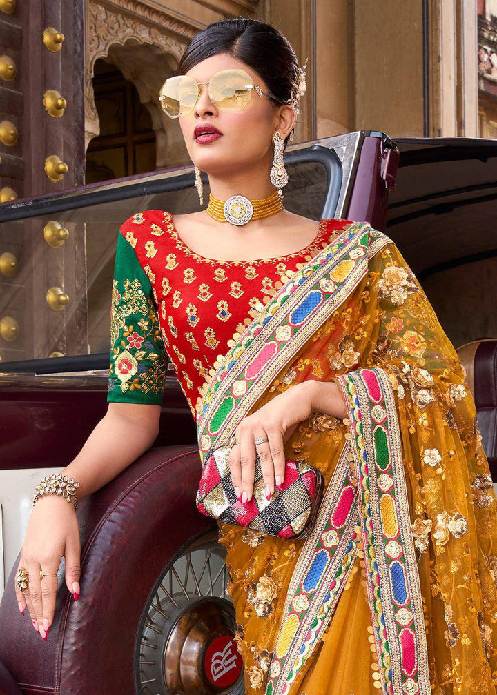 Mustard Yellow Digital Net Saree with Sequins,Thread,Mirror & Flower Applic work | Stitched Blouse - qivii