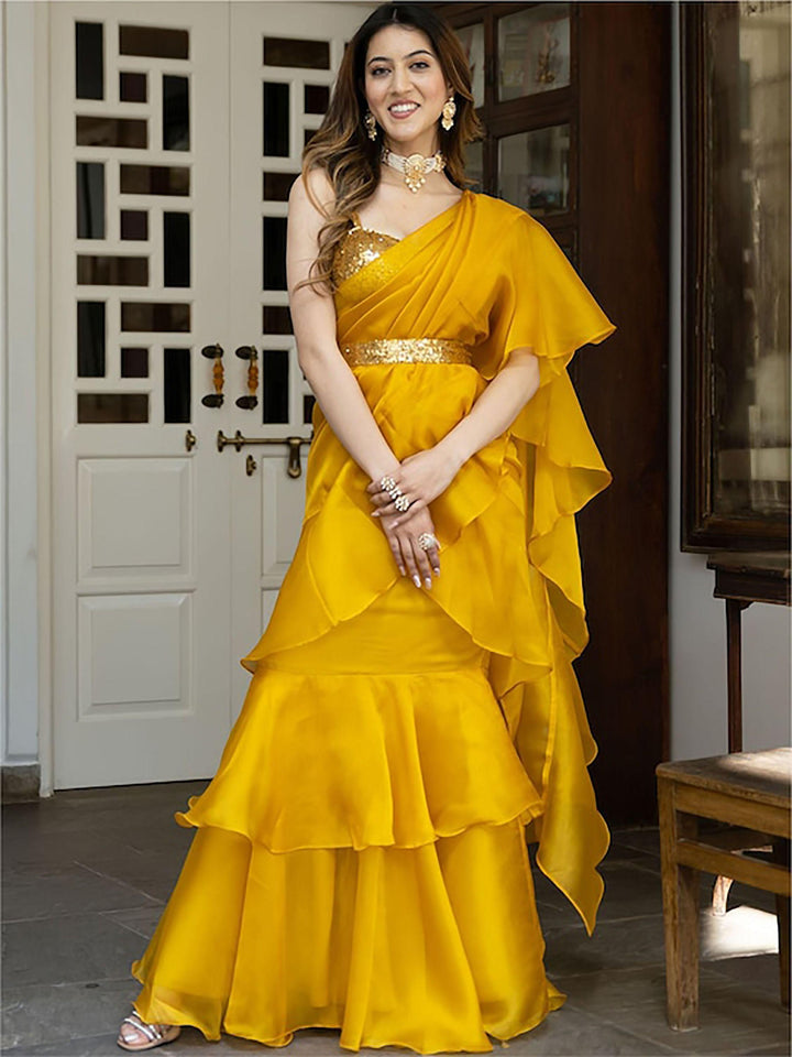 Mustard Yellow Organza Ready-to-wear Ruffle saree by Qivii