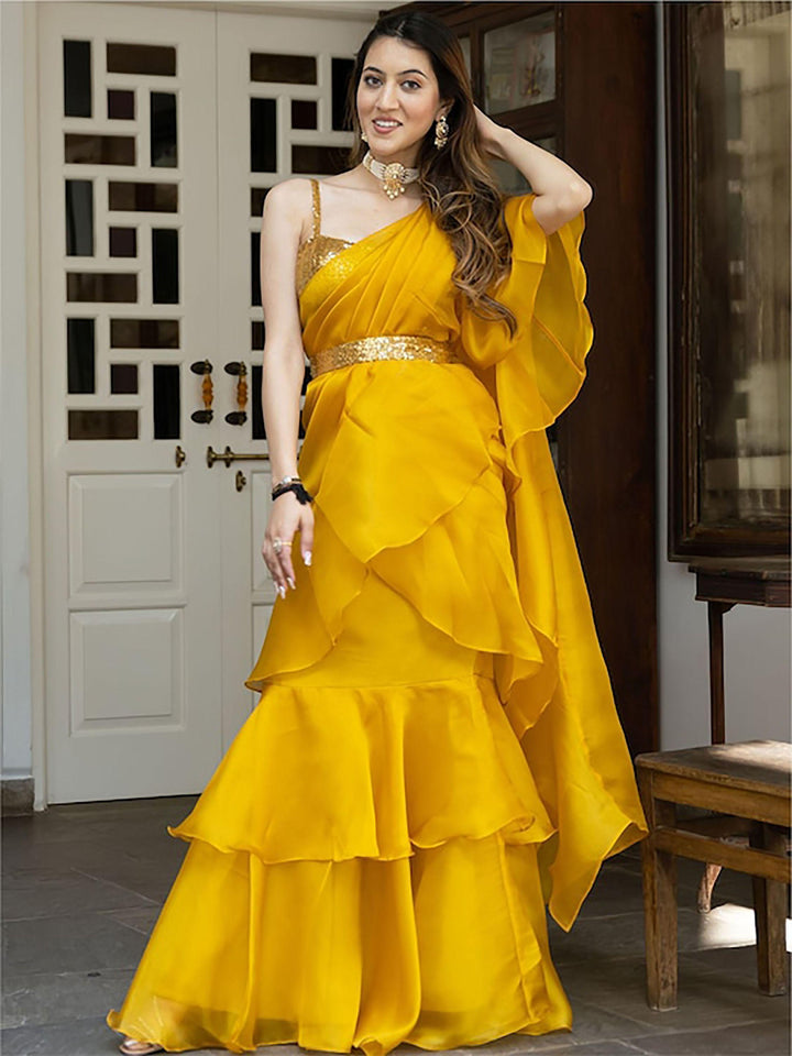 Mustard Yellow Organza Ready-to-wear Ruffle saree by Qivii