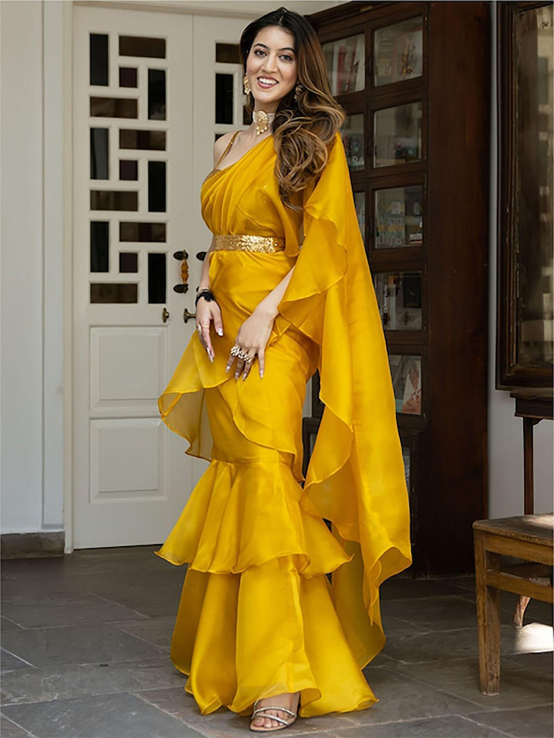 Mustard Yellow Organza Ready-to-wear Ruffle saree by Qivii