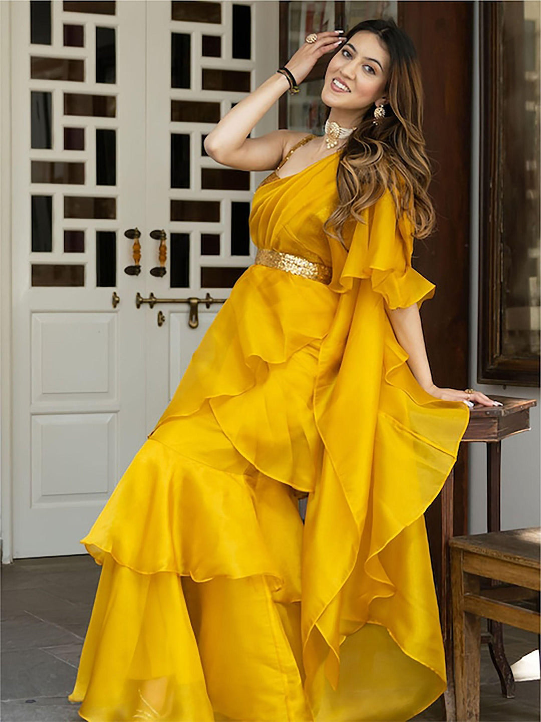 Mustard Yellow Organza Ready-to-wear Ruffle saree by Qivii, a vibrant and elegant traditional Indian outfit for women