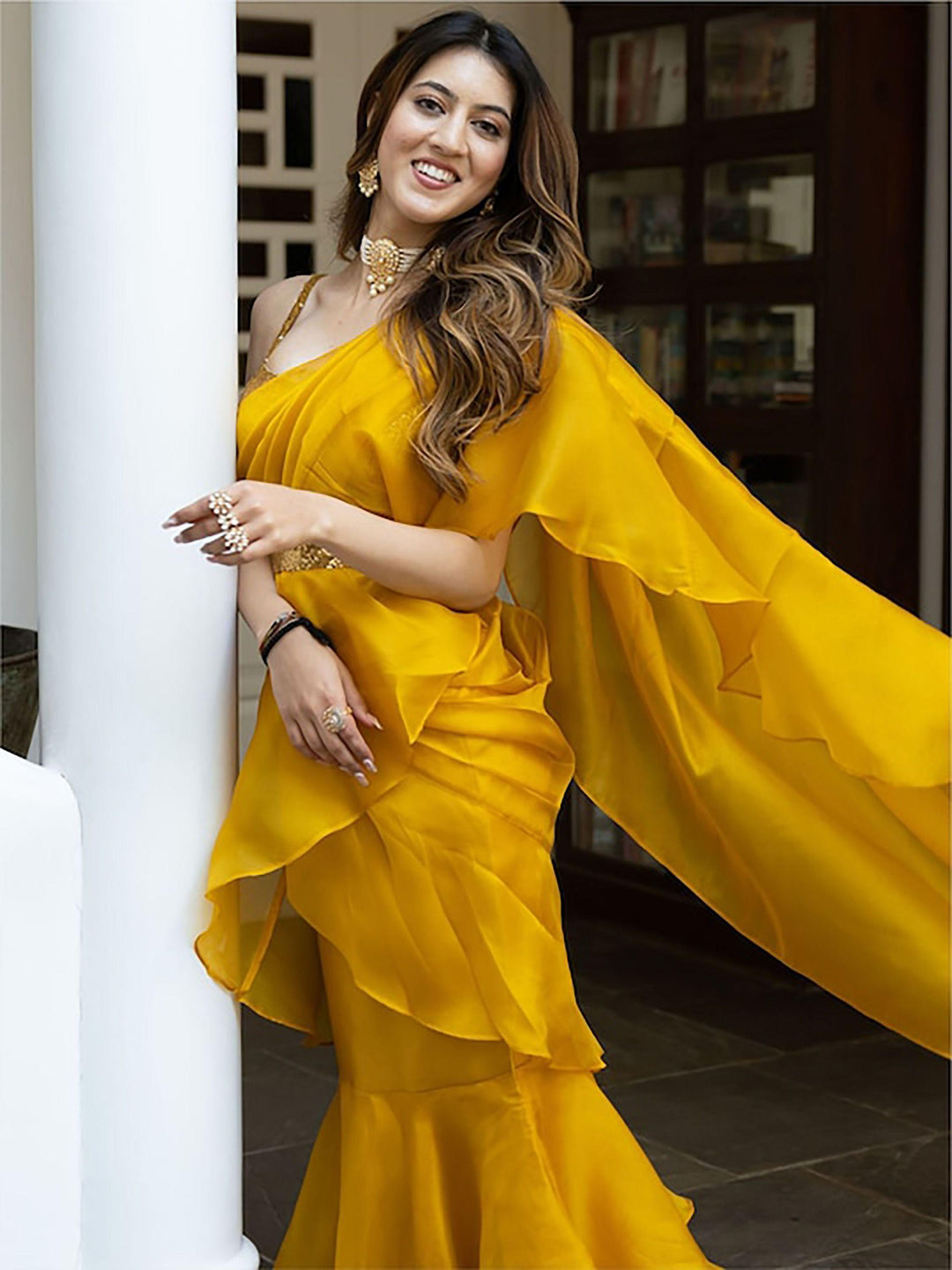 Mustard Yellow Organza Ready-to-wear Ruffle saree by Qivii, a stunning and elegant traditional Indian garment perfect for any special occasion