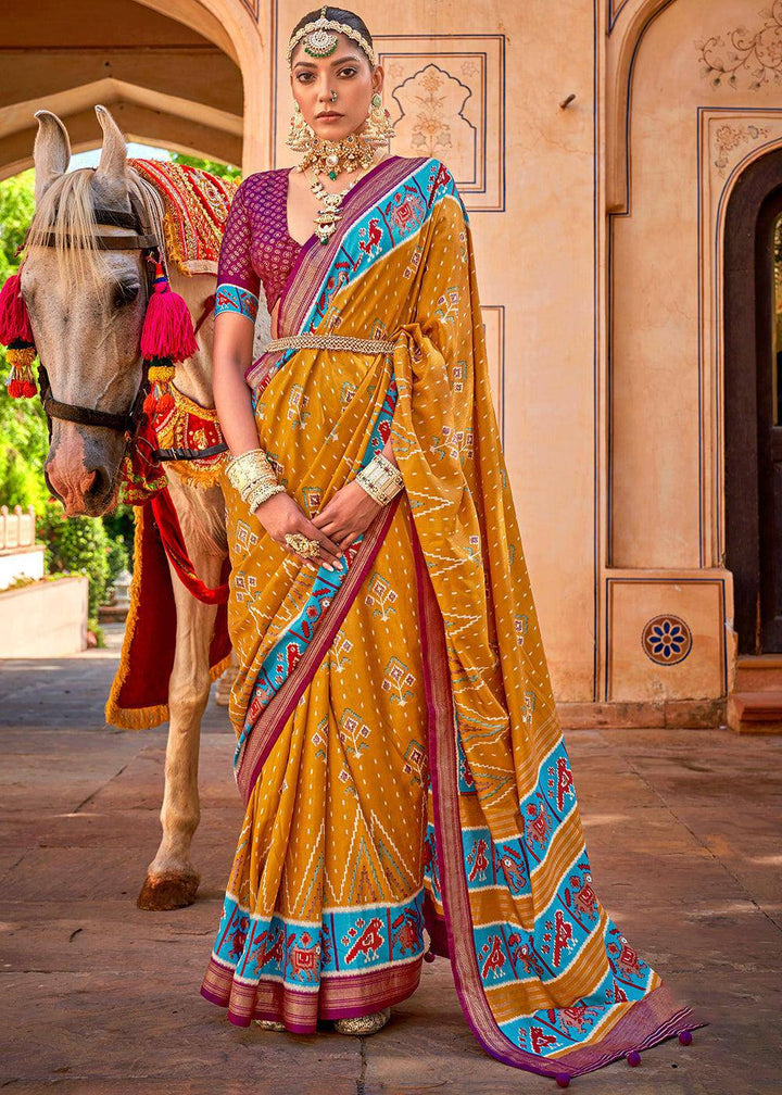 Mustard Yellow Patola Printed Designer Silk Saree | Stitched Blouse - qivii