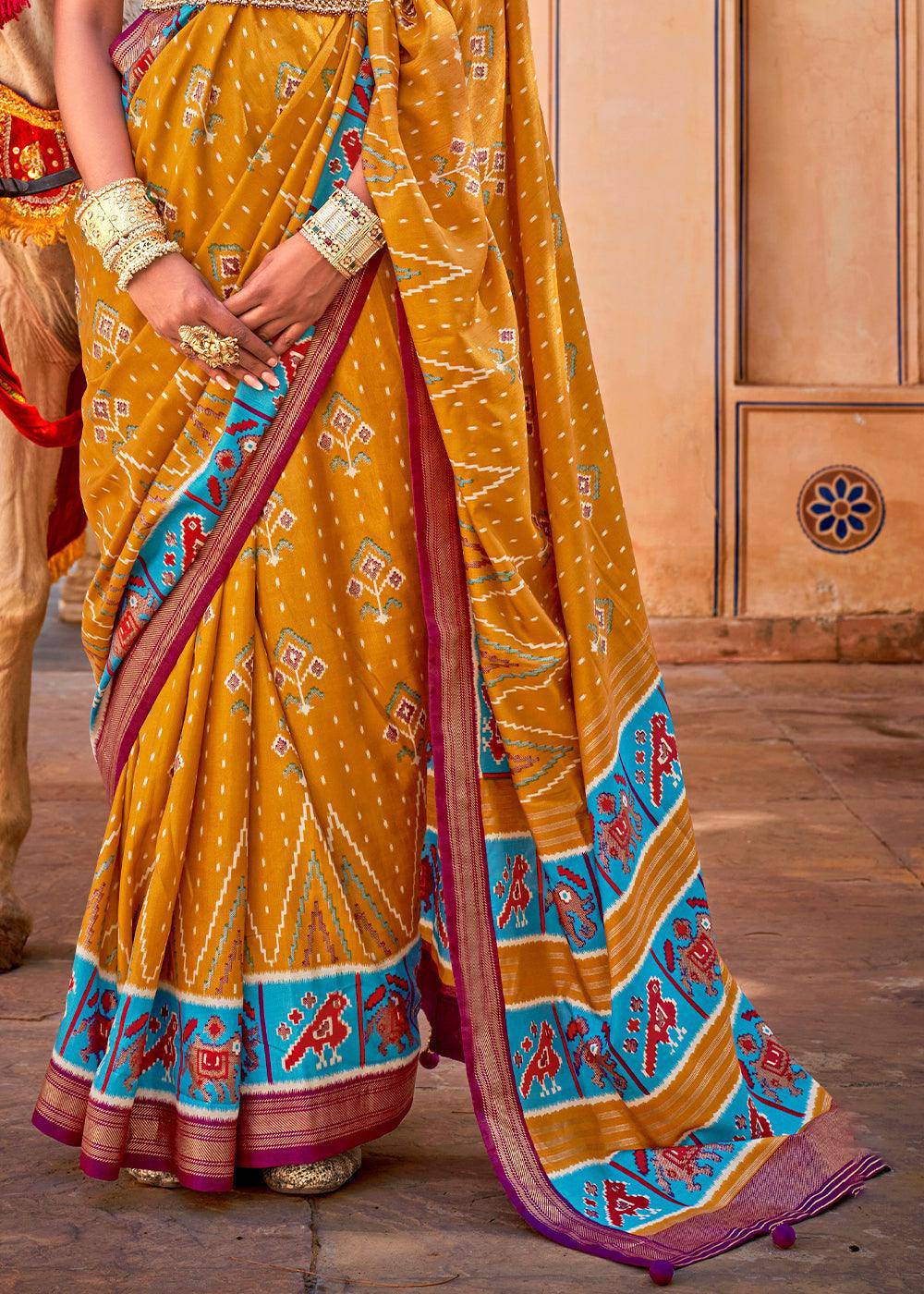 Mustard Yellow Patola Printed Designer Silk Saree | Stitched Blouse - qivii