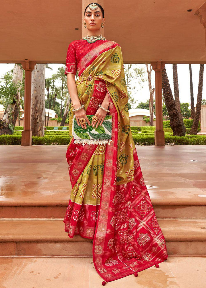 Mustard Yellow Printed Patola Silk Saree with Swaroski Work | Stitched Blouse - qivii