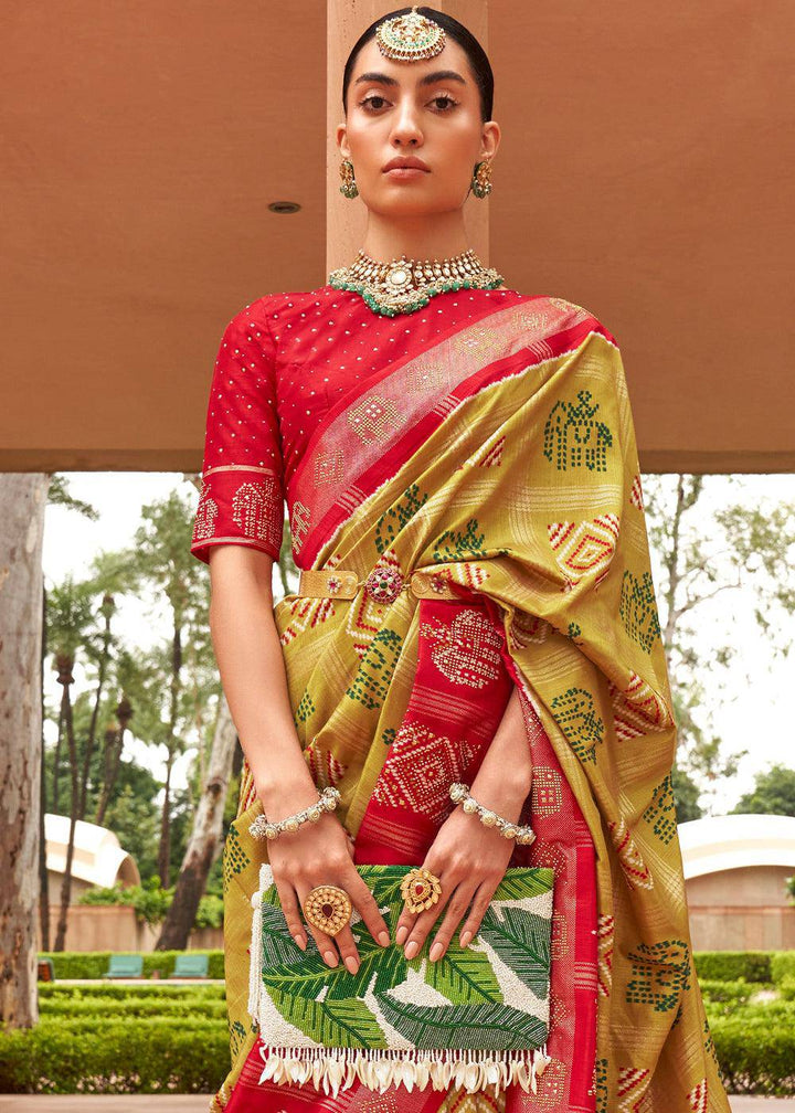 Mustard Yellow Printed Patola Silk Saree with Swaroski Work | Stitched Blouse - qivii