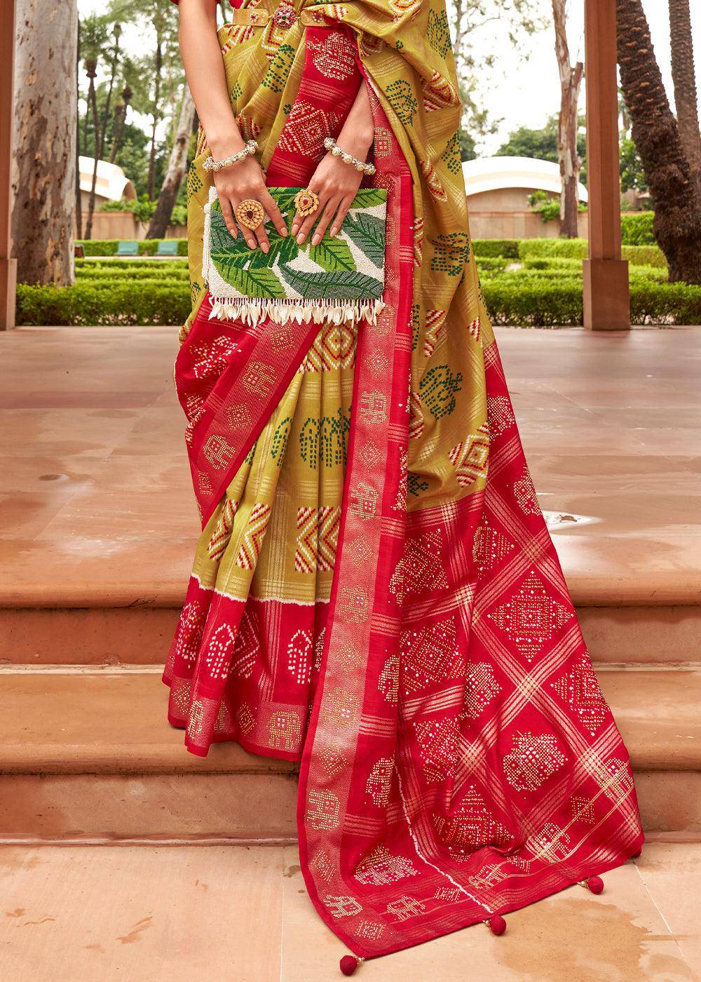 Mustard Yellow Printed Patola Silk Saree with Swaroski Work | Stitched Blouse - qivii