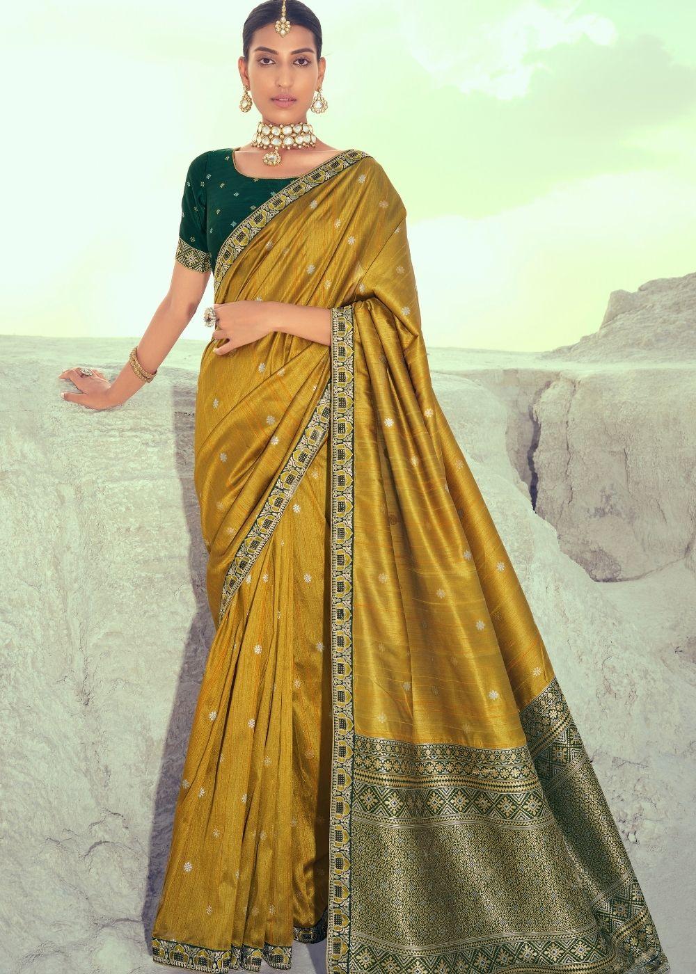 Mustard Yellow Woven Banarasi Silk Saree with Embroidered Border & Swarovski work | Stitched Blouse - qivii