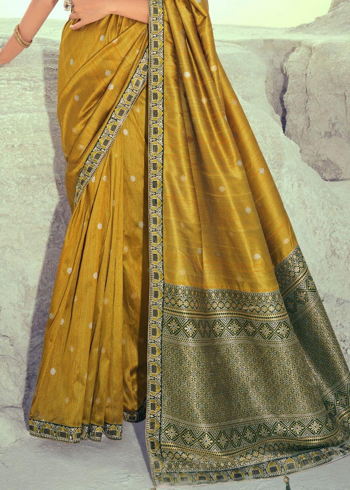 Mustard Yellow Woven Banarasi Silk Saree with Embroidered Border & Swarovski work | Stitched Blouse - qivii