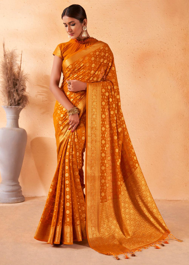 Mustard Yellow Woven Georgette Saree - qivii