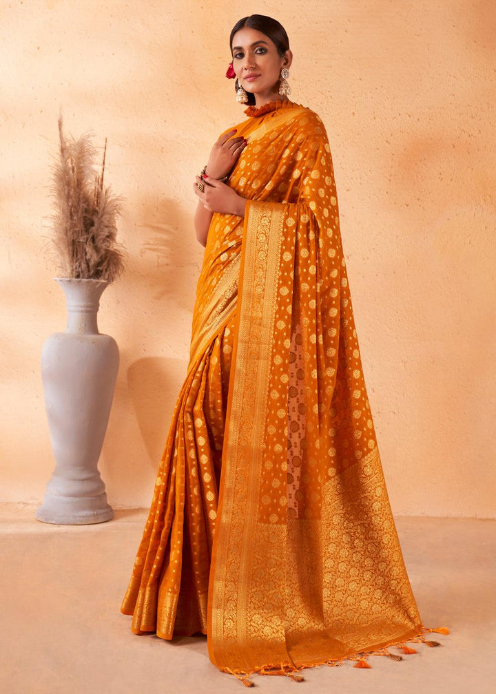 Mustard Yellow Woven Georgette Saree - qivii