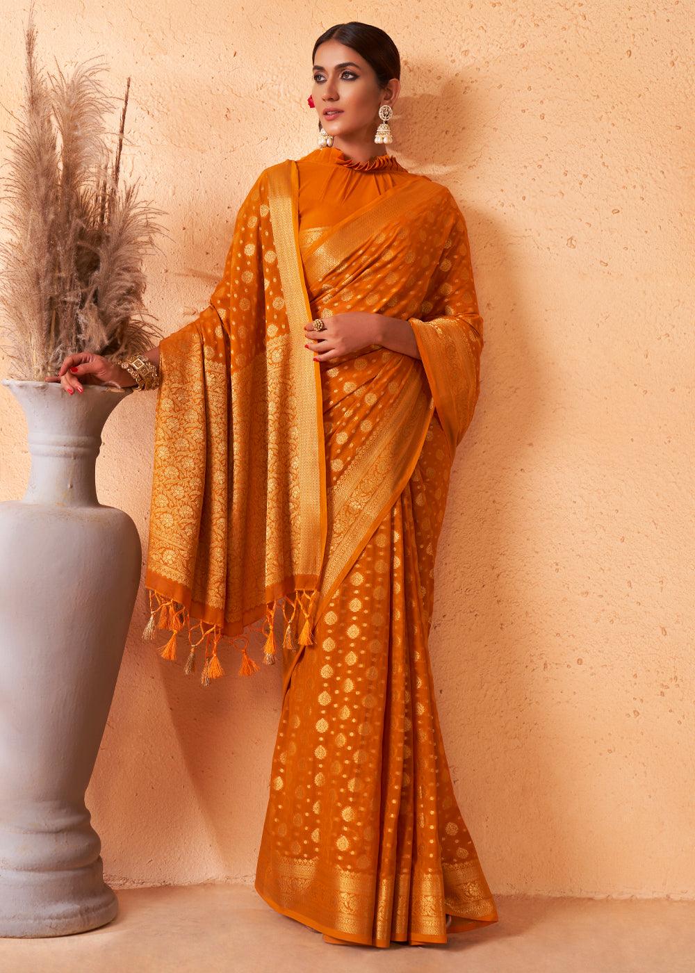 Mustard Yellow Woven Georgette Saree - qivii