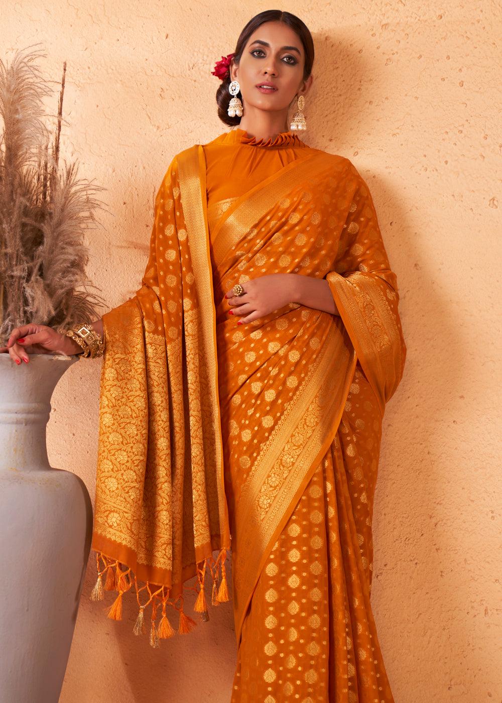 Mustard Yellow Woven Georgette Saree - qivii