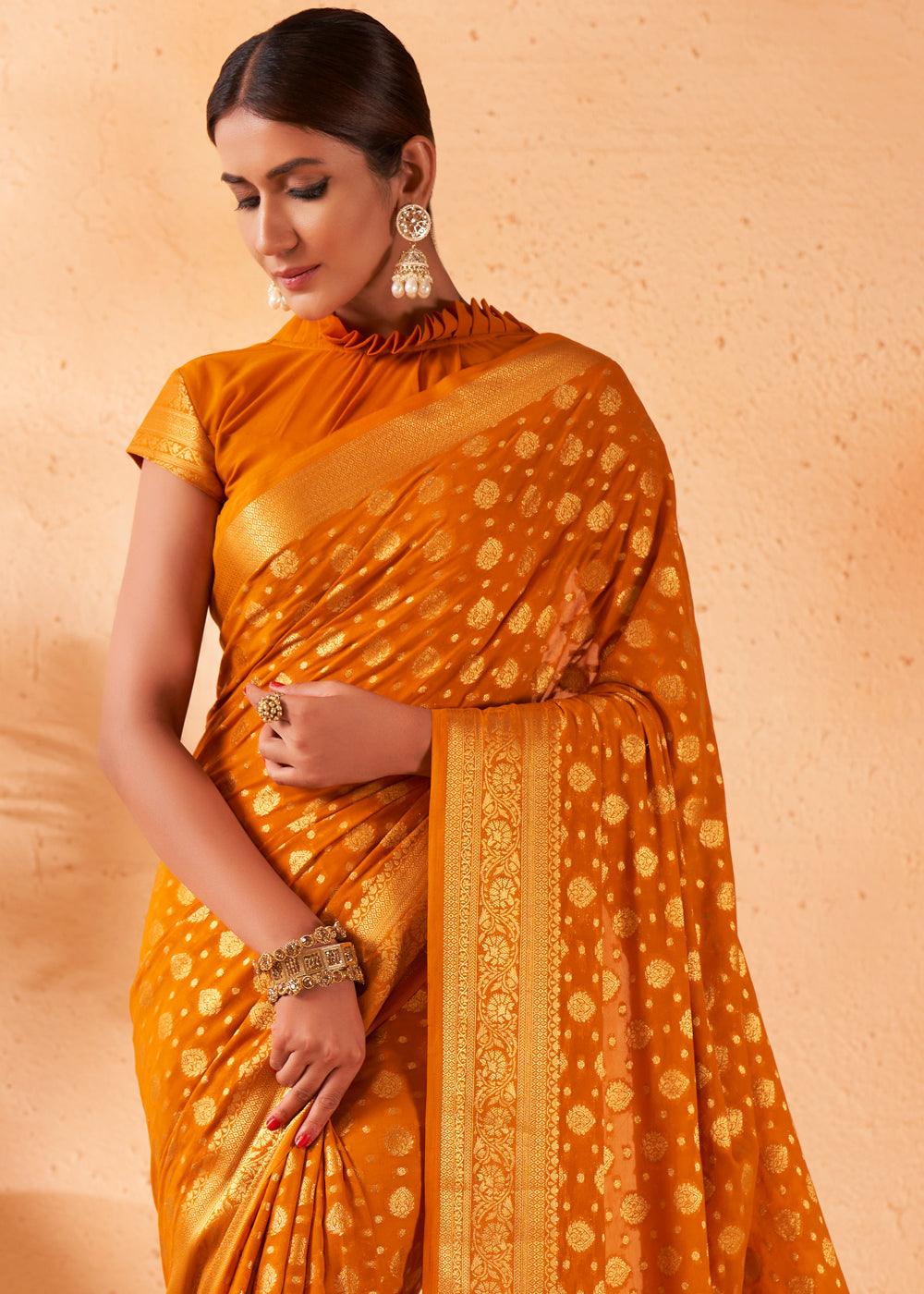 Mustard Yellow Woven Georgette Saree - qivii