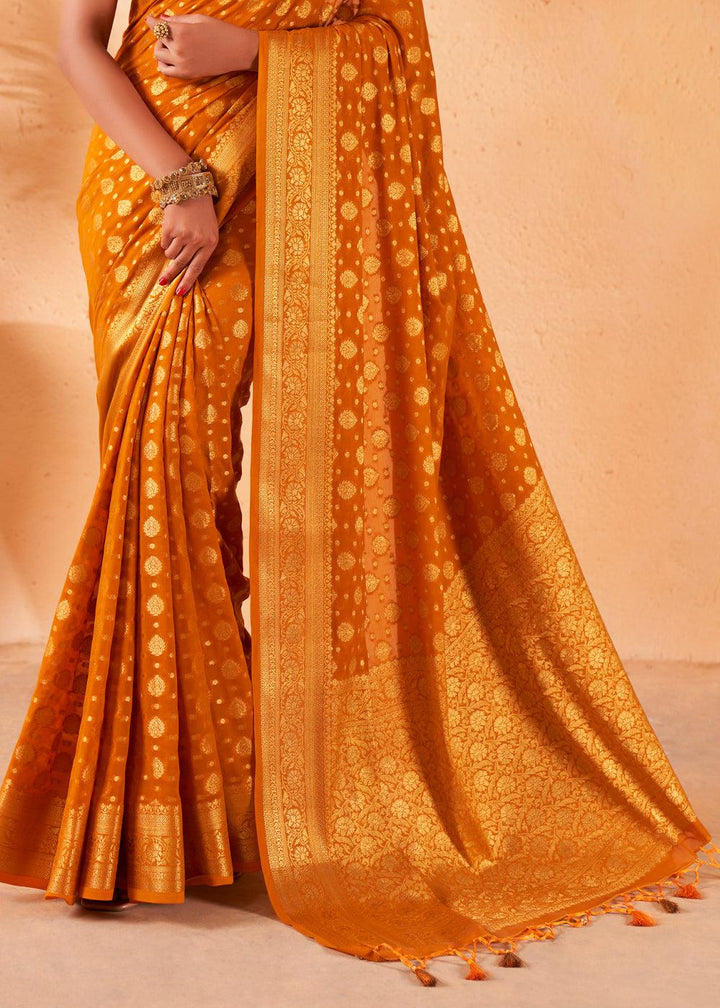 Mustard Yellow Woven Georgette Saree - qivii