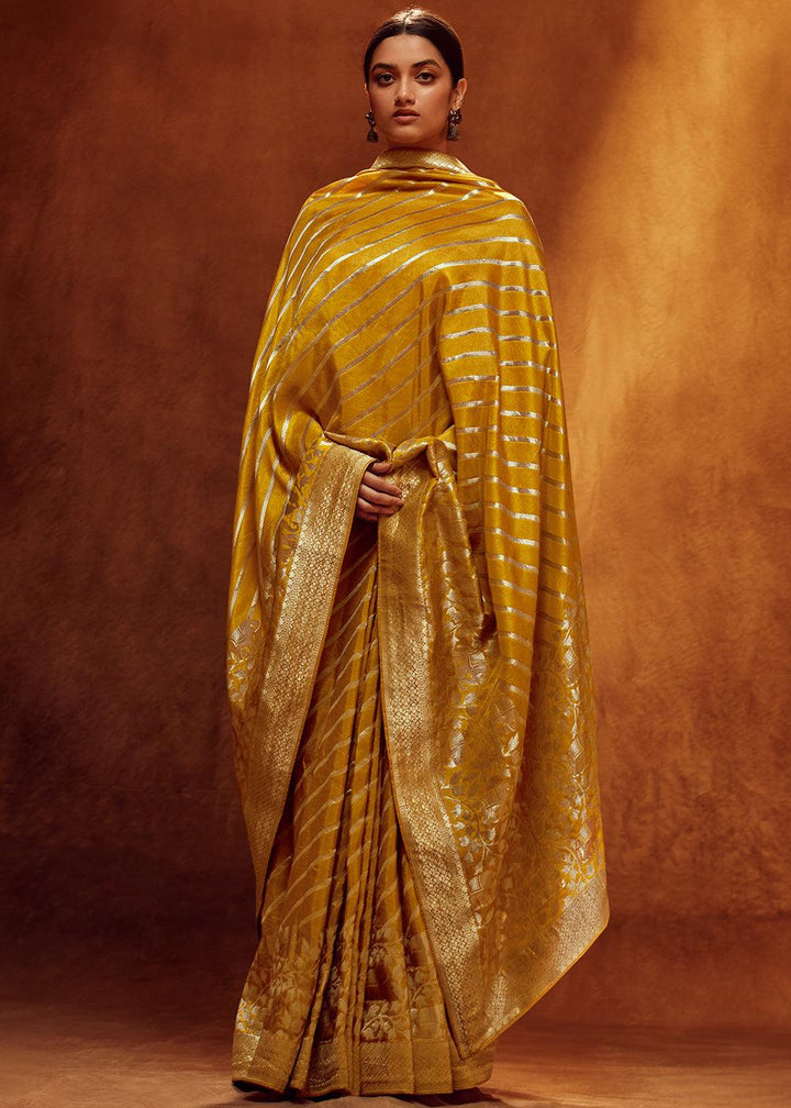 Mustard Yellow Woven Viscose Silk Saree - qivii