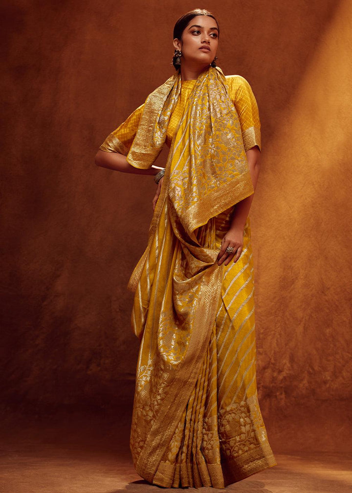 Mustard Yellow Woven Viscose Silk Saree - qivii