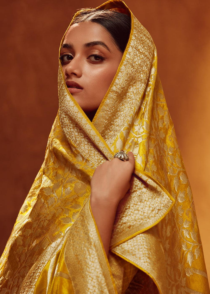 Mustard Yellow Woven Viscose Silk Saree - qivii