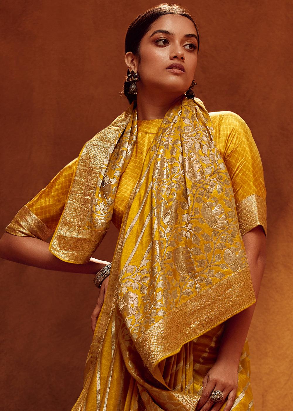 Mustard Yellow Woven Viscose Silk Saree - qivii