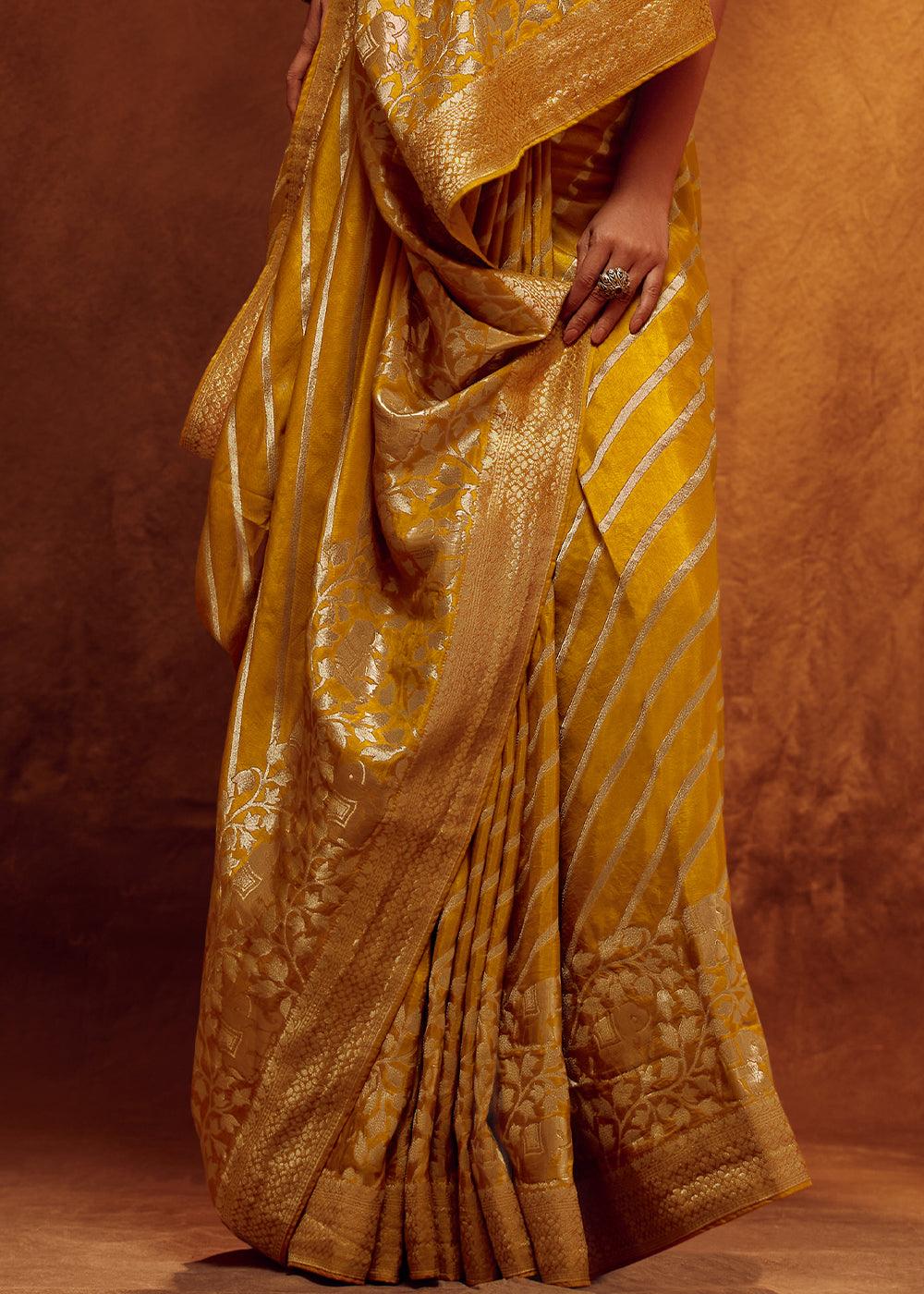 Mustard Yellow Woven Viscose Silk Saree - qivii